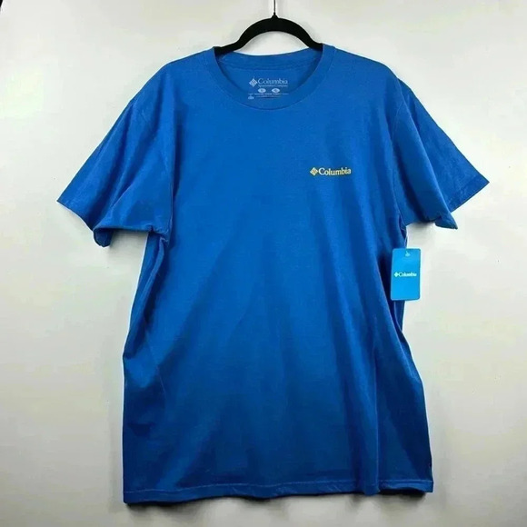 Short Sleeve Tee Shirt NWT Sz L Columbia w/ MOUNTAIN GRAPHIC ON BACK BLUE - Picture 1 of 6